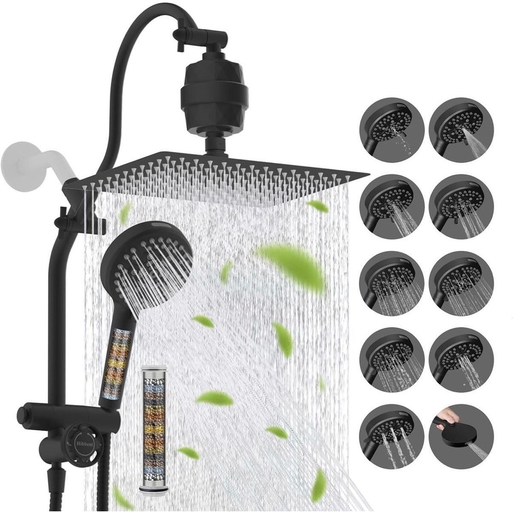 Hibbent Shower Head Combo Black 12x10 Rainfall Handheld Filtered 10 Spray Modes